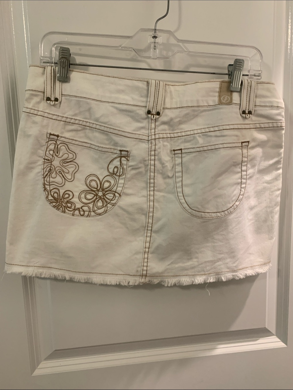 Jordache Cream Denim Mini Skirt with Brown Floral Pocket Stitching